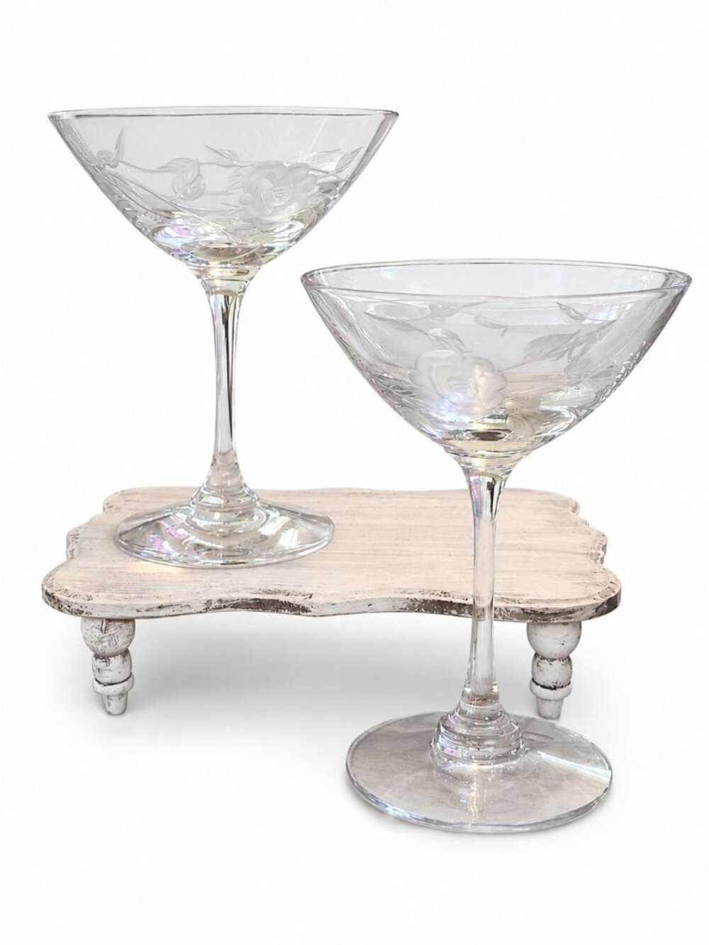 Vintage 1990s Princess House Heritage Etched Rose Martini Coupe Set, 4 Oz.